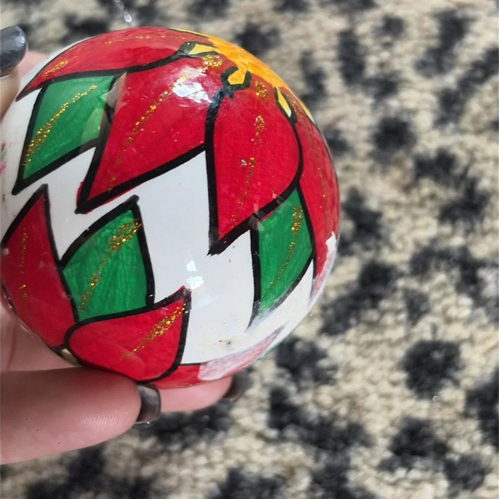 Hand Painted Floral - Clay Terra Cotta Ornament Ball Mexico -‎ Poinsetta Holiday